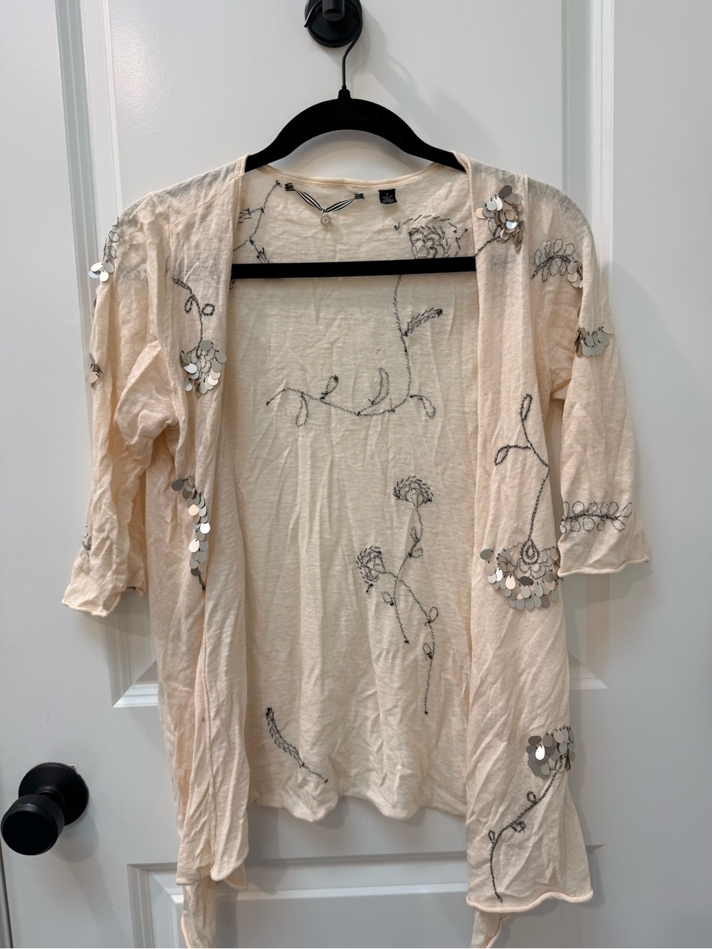 Anthropologie Cream Sequin Floral Embroidered Open Cardigan